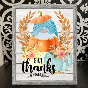 Framed 8x10 Thanksgiving Fall Autumn Gnome Pumpkins Rustic Farmhouse Decor Print